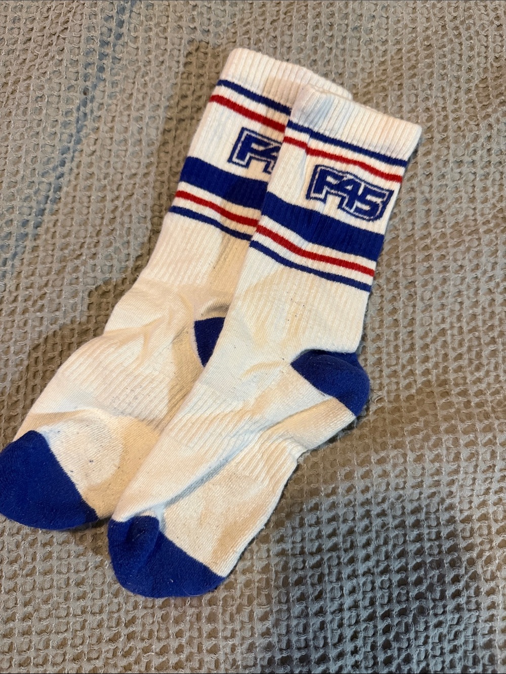White Crew Socks with Blue & Red Stripe Accents